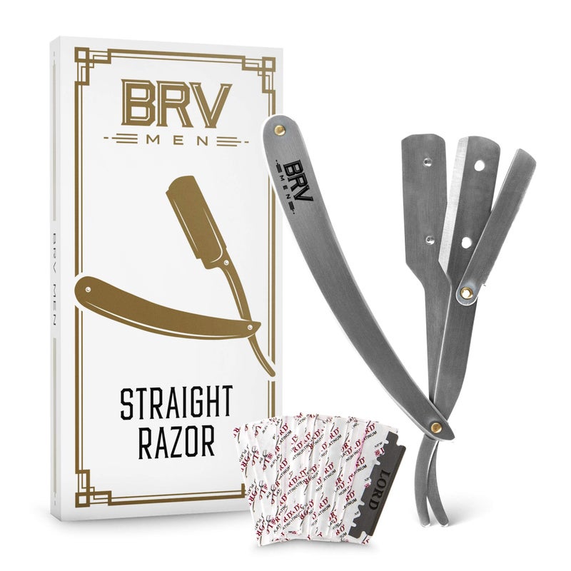 BRV MEN Professional Straight Edge Barber Razor w/ 100 Single Edge Razor Blades | Straight Razors for Men | Barbershop Accessories | Mens Shaving Knife & Shavette - Silver - Image 1